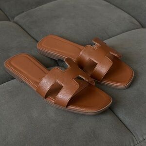 Tan Hermes Oran Sandals Cognac Brown
